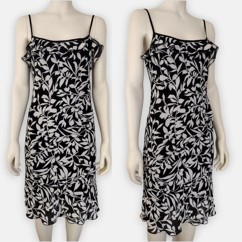 Vintage 1990s City Triangles Black and White Ruffled Bias Cut Dress